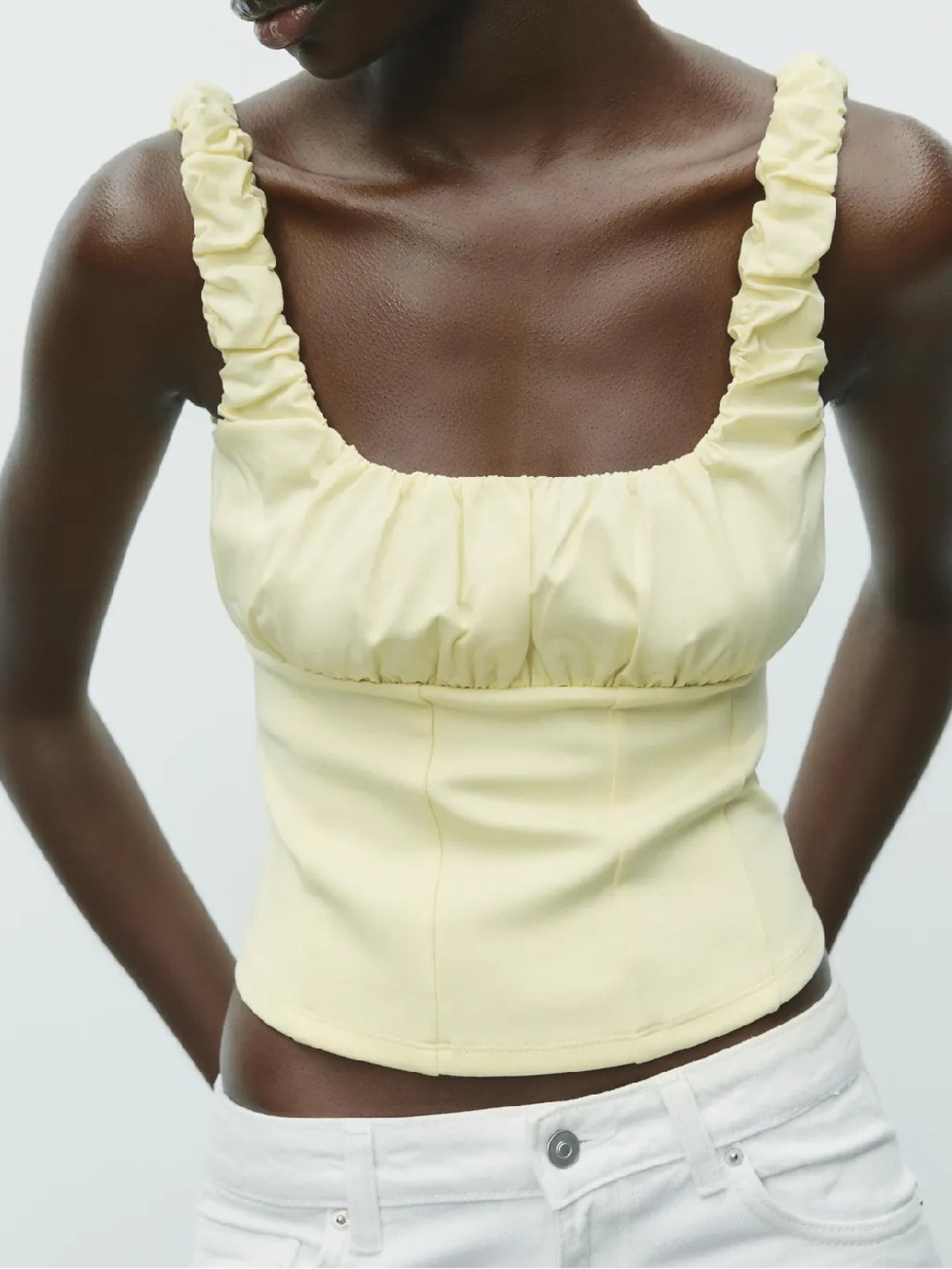 Zara Ruched Ruffle Crop Top in Pale Yellow